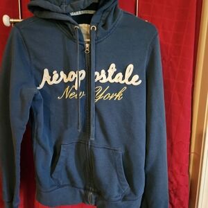 Aeropostale Navy Blue, White, And Yellow Full Zip Hoodie Large